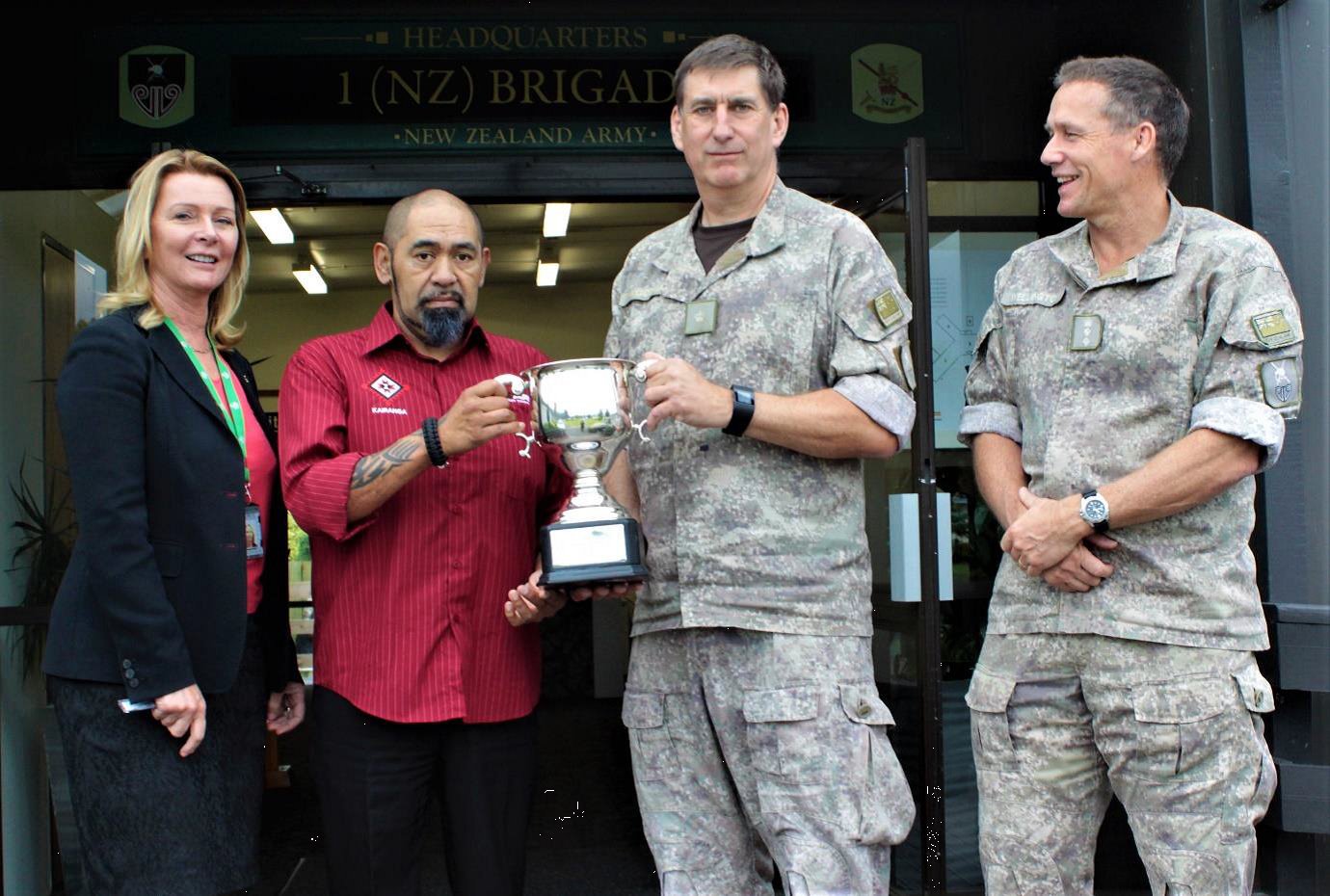 Director of the NZDF Safety Directorate, Susan D'Ath-Weston, left, with safety advisor and NZDF Civilian of the Year, Selwyn Ponga-Davis, safety award recipient Major Tim Woodman, Manager Health and Safety 1Bde Linton, and, right, Commander 1 Brigade Colonel Brett Wellington